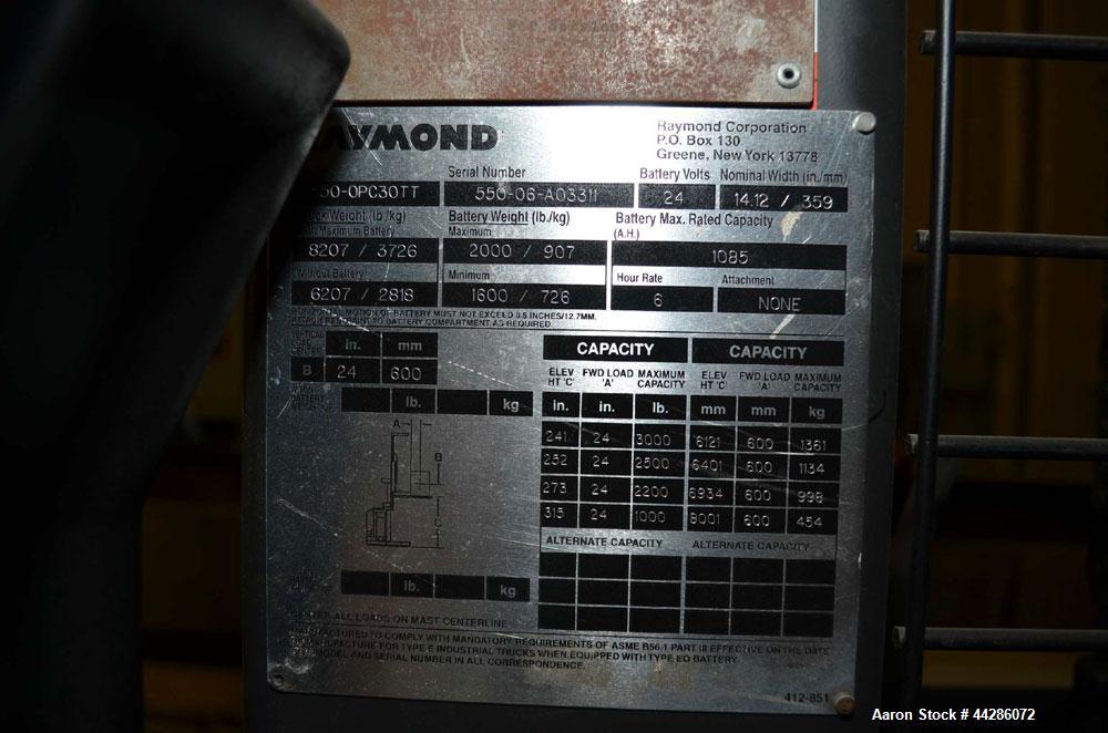 Used Raymond Model 550-0PC30TT, 3,000 Pound Capacity Electric Stand Up Riding Cherry Picker Style Lift 3,000 Pound Capacity Electric Stand Up Riding Cherry Picker Style Lift, 315 in Maximum Elevation...