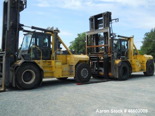 Used Taylor T450M. 45,000 lb. at 36" load center, built 2001. 212" Lift with 5-way valve. Independent fork positioner, sideshifter 8' forks. Full cab with heat and AC. Good tires, straight unit.