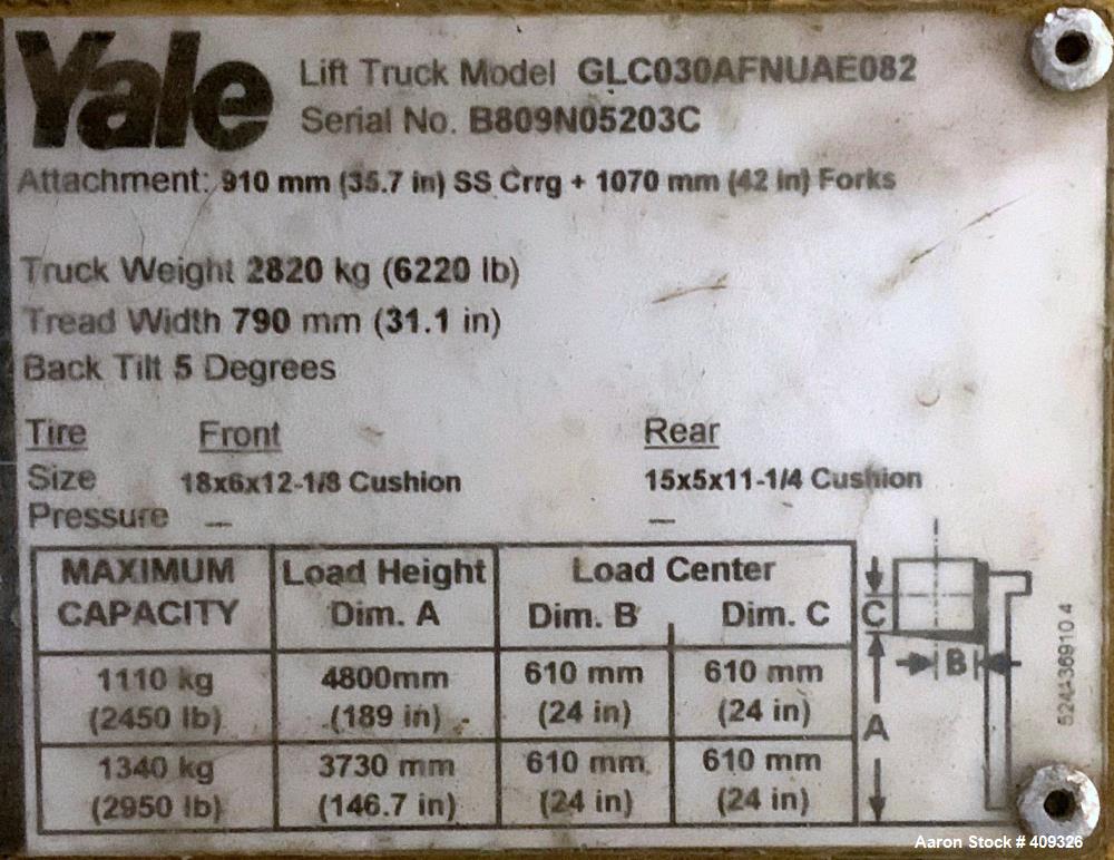 Used- YALE forklift model GLC030A (3093 Hours)