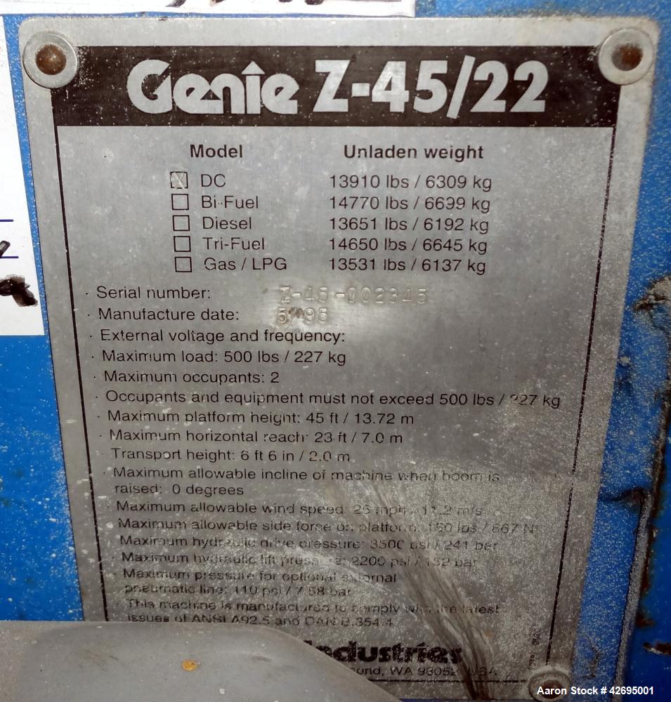 Used Genie Articulating Boom Lift, Model Z-45/22DC, 500 lb capacity.  Serial #Z45-2345, year 1995, 912.7 hours.