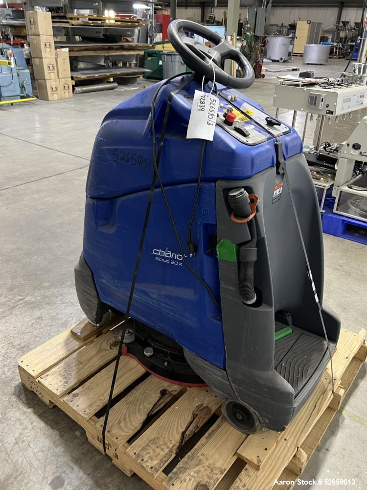 Used Chariot Floor Scrubber, Model iScrub 20. 20" Diameter cleaning path. 10 Gallon solution capacity. Has .63hp vacuum. 2.4mph operating speed.