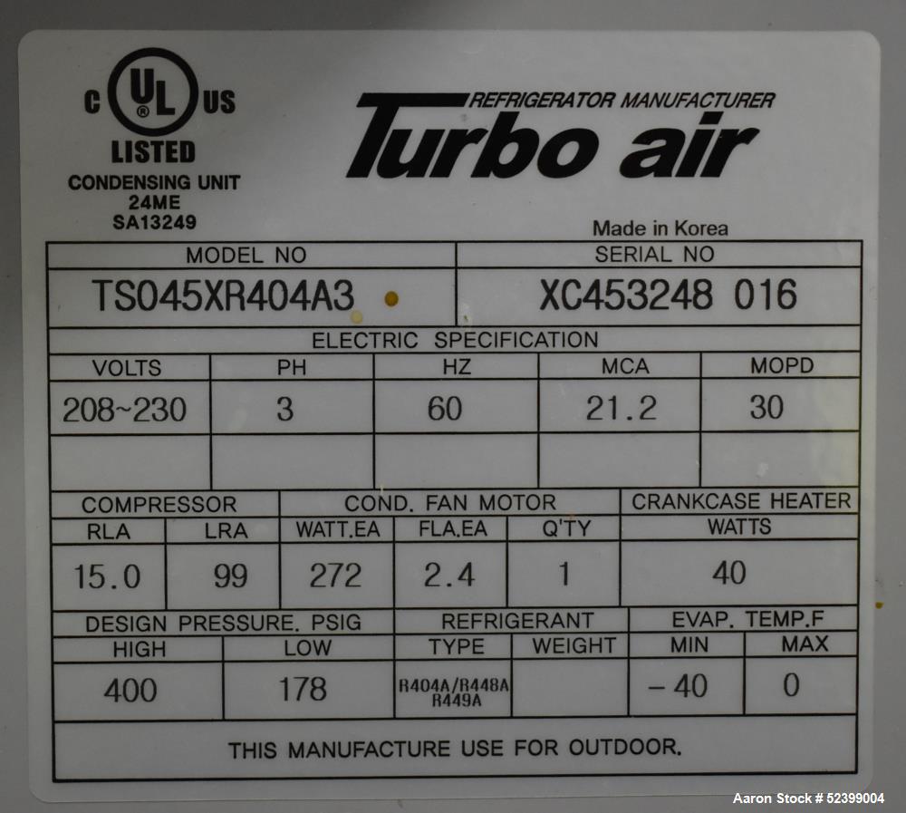 Used- Turbo Air Refrigerator Manufacturer Model TS045XR404A3 Condensing Unit. 4.5HP. Low Temperature. Scroll Comp Condensing...