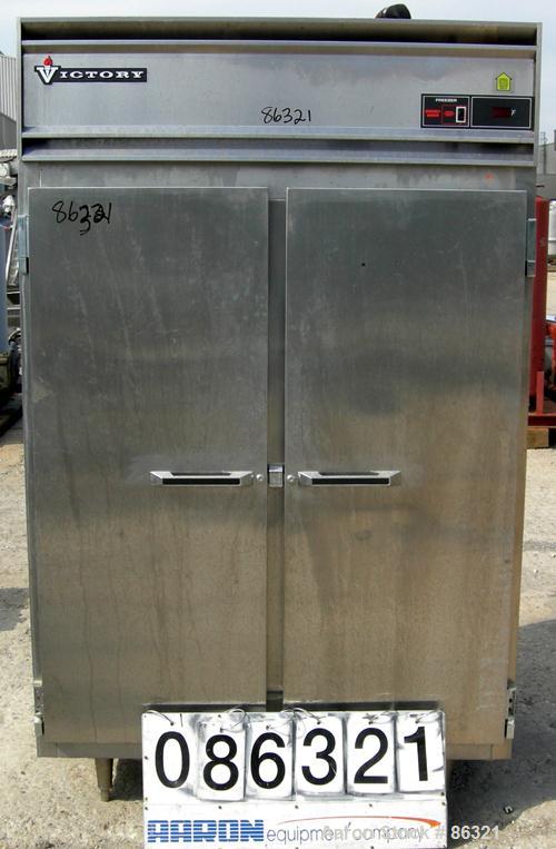 USED: Victory reach-in freezer, model FS-2D-S7, 304 stainless steel. Approximate 45 cubic feet. Inside 48" wide x 26" deep x 57" tall. 1/60/115 volt. Approximate 21 oz charge of R404A refrigerant.