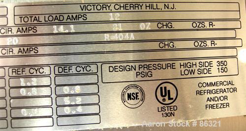 USED: Victory reach-in freezer, model FS-2D-S7, 304 stainless steel. Approximate 45 cubic feet. Inside 48" wide x 26" deep x 57" tall. 1/60/115 volt. Approximate 21 oz charge of R404A refrigerant.