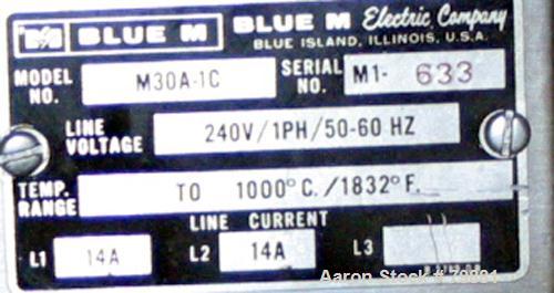 USED: Blue M Oven Box Furnace, Model M30A-1C. 5-1/4" wide x 4-1/4" tall x 16" deep. Temp range 1000 deg C (1832 deg F). 1/50-60 hz/240 volt, 14 amp. Includes Eurotherm controllers.