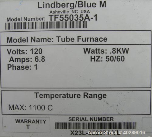 Used Lindberg Mini-Mite tube furnace, model TF55035A1. 1" diameter x 12" long chamber, maximum operating temperature 2012 deg F (1100 C), 1/50/60/120 volt, 6 amp.