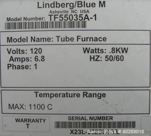 Used- Lindberg Mini-Mite tube furnace, model TF55035A1. 1" diameter x 12" long chamber, maximum operating temperature 2012 d...