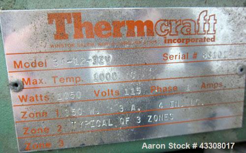 Used- Thermcraft Split Tube Furnace, Model 34-12-3ZV. Maximum temperature 1832 degrees F. (1000 C.). 3 Zone chamber, approxi...