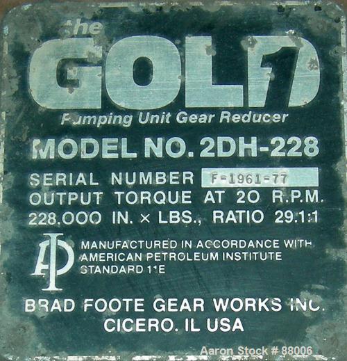 Used Brad Foote Gear Works Pumping Gear Reducer, Model 2DH-228. Input shaft 2-1/2" wide x 7-1/2" long. Output shaft 6" wide x 8-1/2" long. Output torque at 20 rpm 228,000 in x lbs. Ratio 29.1:1.