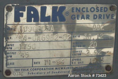 Used Falk Enclosed Gear Drive, Model 1090FC3A. Input hp 20, ratio 38.12:1. Input rpm 1750, output 45 rpm. Service factor 2.92.