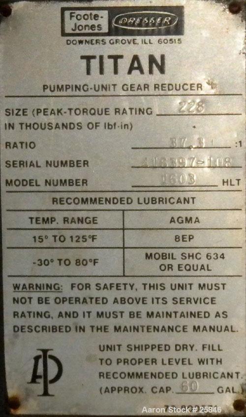Used- Foote-Jones Dresser Titan Pumping Unit Gear Reducer, Model 1603HLT. 228 peak torque rating, ratio 37.3:1. Input shaft ...