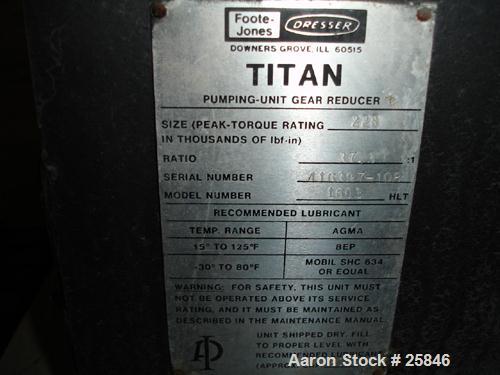 Used Foote-Jones Dresser Titan Pumping Unit Gear Reducer, Model 1603HLT. 228 peak torque rating, ratio 37.3:1. Input shaft 3" wide x 7" long. Output shaft 6" wide x 8" long. 60 gallon oil capacity.

