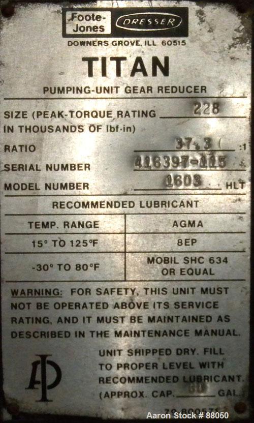 Used Foote-Jones Dresser Titan Pumping Unit Gear Reducer, Model 1603HLT. 228 peak torque rating, ratio 37.3:1. Input shaft 3" wide x 7" long. Output shaft 6" wide x 8 1/4" long. 60 gallon oil capacit...