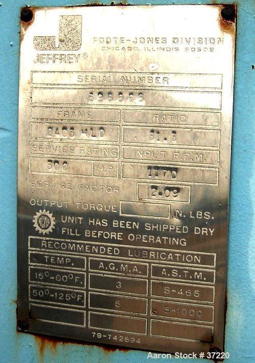 USED: Foote Jones Model 2403hld parallel shaft gear reducer. 300 hp 1170 input rpm, 37.38 output rpm, 31.3:1 ratio. 2.09 service factor. 90.5" overall width, 54.75" overall height. 36.5" overall widt...