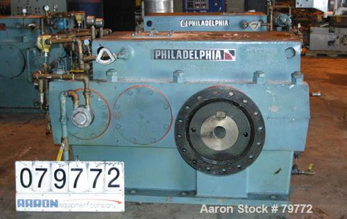 Used Philadelphia Gear Drive, Model 17HP-2. HP rating 1040, input RPM 1150, output RPM 55, ratio 20.85:1, service factor 1.0.