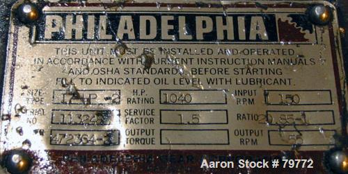 Used Philadelphia Gear Drive, Model 17HP-2. HP rating 1040, input RPM 1150, output RPM 55, ratio 20.85:1, service factor 1.0.