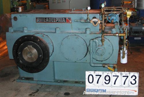 Used Philadelphia Gear Drive, Model 17HP-2. HP rating 1040, input RPM 1150, output RPM 55, ratio 20.84:1, service factor 1.5.