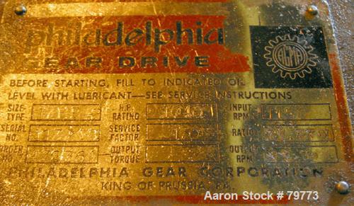 Used Philadelphia Gear Drive, Model 17HP-2. HP rating 1040, input RPM 1150, output RPM 55, ratio 20.84:1, service factor 1.5.