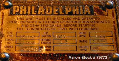 Used Philadelphia Gear Drive, Model 17HP-2. HP rating 1040, input RPM 1150, output RPM 55, ratio 20.84:1, service factor 1.5.