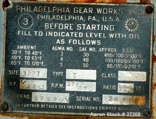 USED: Philadelphia parallel shaft gear reducer, model 3227, type T. HP rating 405-225.1. 1750/870 rpm input, 56.09/28.045 rpm output. 31.2:1 ratio. Input and output shafts on the same side. 43" betwe...