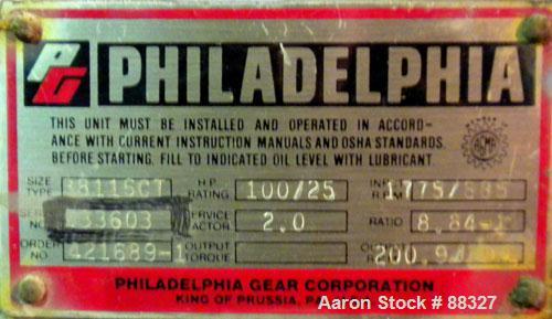Unused- Philadelphia Gear Box, Type 3811SCT. Horsepower rating 100/25, service factor 2.0, input rpm 1775/885, output rpm 200.9/100.1, ratio 8.84:1.