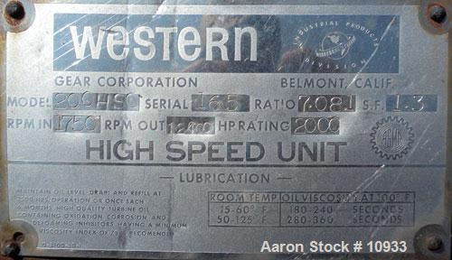 Used- Western Gear High Speed Increaser, Model 200 HSC. Rated 2000 hp, ratio 7.08:1, service factor 1.3. Input rpm 1750, out...