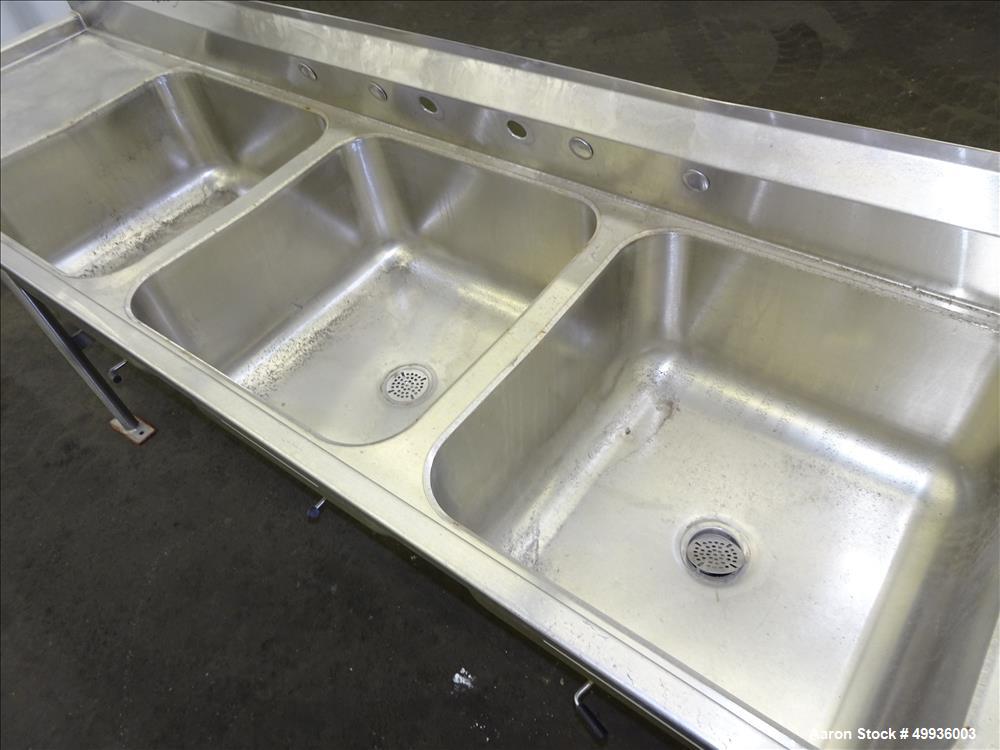 Used-Stainless Steel 3 Compartment Sink, 24" x 24" x 13" deep.  Overall Dimensions; 115" long x 30" wide.