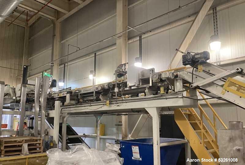 Used ITW Mima 5 Series Palletizer System with Pallet Wrapper, Labeling, Metal Detection & Conveyors