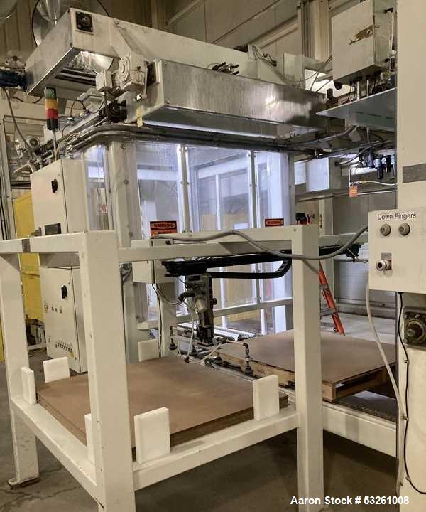Used ITW Mima 5 Series Palletizer System with Pallet Wrapper, Labeling, Metal Detection & Conveyors