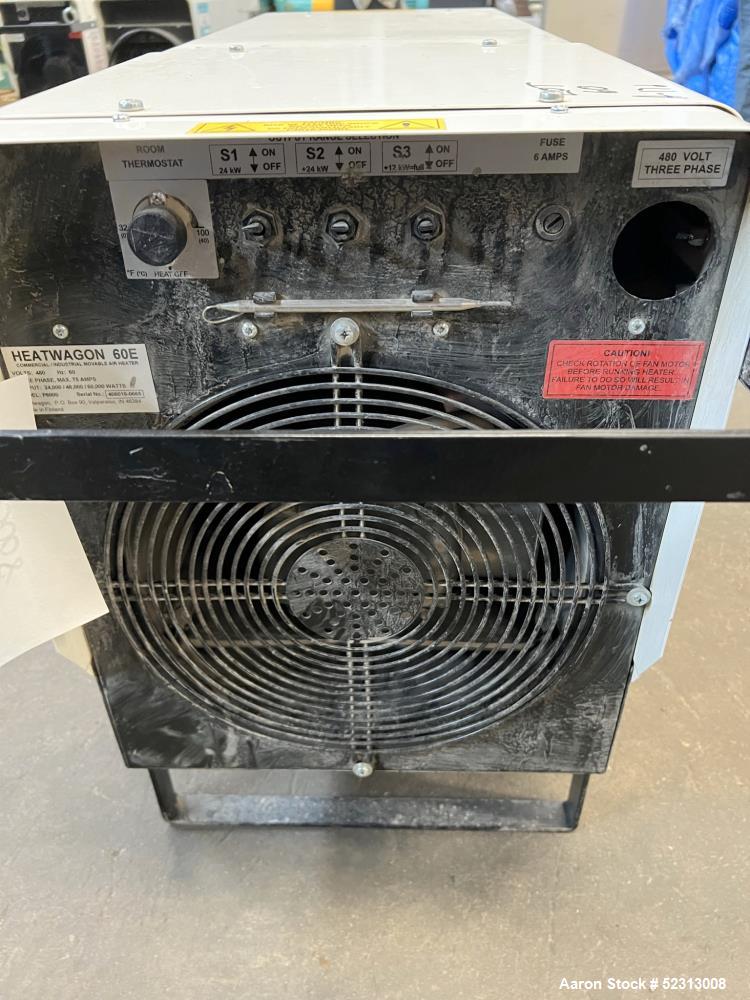 Used Heat Wagon 60E Portable Electric Salamander Heater, Model P6000. 204,700 Max BTU Heat Output. 3 Heat settings: 24kW (81,864 btuH), 48kW (163,728 btuH), 60kW (204,700 btuH). 3/60/480v, 1800 CFM. ...