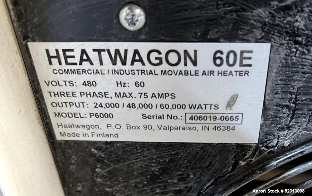 Used Heat Wagon 60E Portable Electric Salamander Heater, Model P6000. 204,700 Max BTU Heat Output. 3 Heat settings: 24kW (81,864 btuH), 48kW (163,728 btuH), 60kW (204,700 btuH). 3/60/480v, 1800 CFM. ...