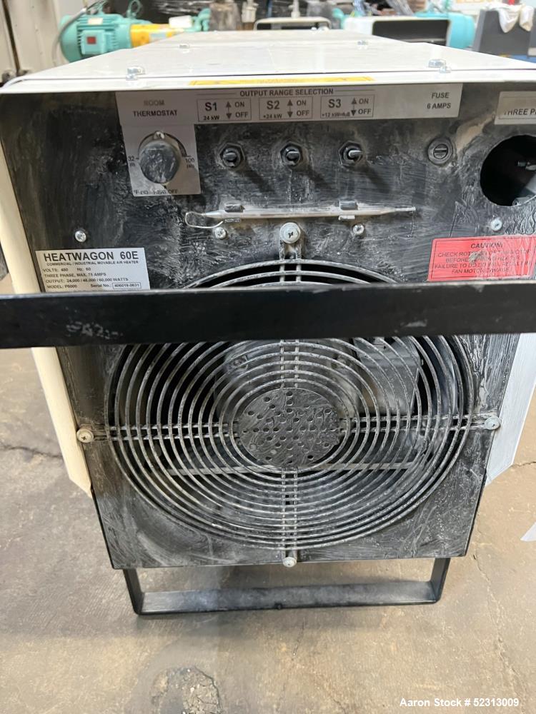 Used Heat Wagon 60E Portable Electric Salamander Heater, Model P6000. 204,700 Max BTU Heat Output. 3 Heat settings: 24kW (81,864 btuH), 48kW (163,728 btuH), 60kW (204,700 btuH). 3/60/480v, 1800 CFM. ...
