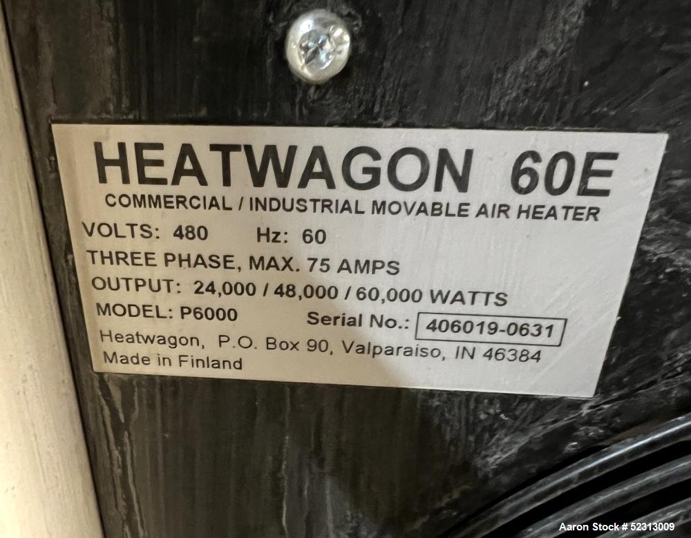 Used Heat Wagon 60E Portable Electric Salamander Heater, Model P6000. 204,700 Max BTU Heat Output. 3 Heat settings: 24kW (81,864 btuH), 48kW (163,728 btuH), 60kW (204,700 btuH). 3/60/480v, 1800 CFM. ...
