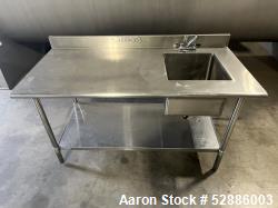 Used- ULine Stainless Steel Worktable with Sink, 304 Stainless Steel. 60" long x 29" wide top surface with a 16" wide x 18" ...
