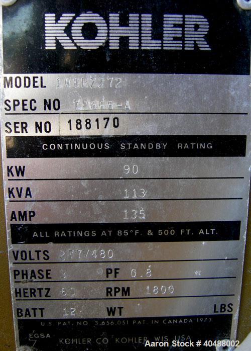 Used Kohler 90 kW Natural Gas Generator Set, model 100RZ2272 Fast Response II. Ford model LSG-8751-6005-A engine, SN 02692 B-27-TK. 3/60/277-480V, 1800 rpm, 150 amp main line circuit breaker, spec #7...