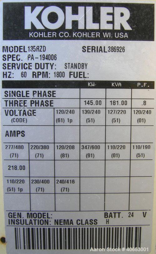 Used- Kohler 145 KW Natural Gas Generator, Model135RZD Spec. PA - 194006. 3/60/277-480V.  Detroit Diesel series 50 natural g...