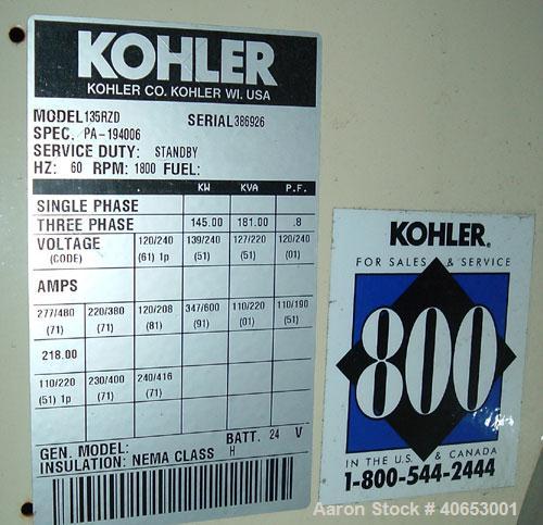 Used Kohler 145 KW Natural Gas Generator, Model135RZD Spec. PA - 194006. 3/60/277-480V.  Detroit Diesel series 50 natural gas engine, model 6043GKG5, spec A 343044.  Weather enclosure. 577 hrs.