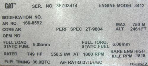 Used CAT 500 kW diesel generator set, 3/60/277-480V. Caterpillar model 3412 engine, 749 hp @ 1800 rpm, serial #3FZ03414. SR4 generator end, 12 wire reconnectable, serial #4RJ00842. CAT product identi...