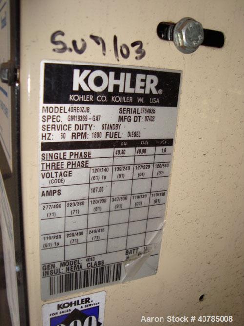 Used Kohler 40 kW Fast-Response II Diesel generator set. Model 40REOZJB, serial #0764825. John Deere engine SN-PE3029T266713. Alternator model 4Q10, 1/60/120/240V. 175 amp main-line circuit breaker. ...