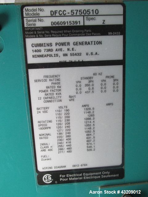 Used Cummins 350 kW standby diesel generator model DFCC. Cummins NTA-855-G3