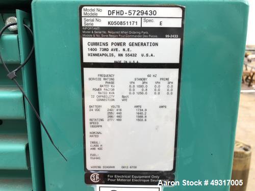 Used- Cummins 1000 kW Standby (900 kW prime) Diesel Generator