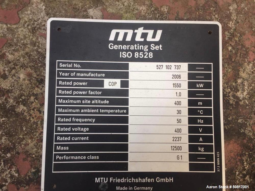 Used MTU Friedrichshafen GmbH 1550kW Gas Generator Set