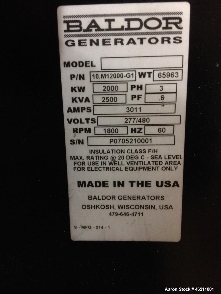 Used Baldor 2000kW diesel generator. Mitsubishi model S16R-Y1PTAA2-1 engine.