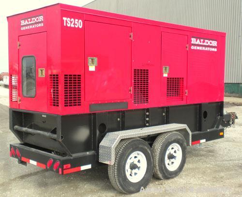 Used Baldor Model TS250T Mobile 200kW Standby Rated/182kW Continuous Rated Diesel Generator Set. John Deere diesel engine model 6068HF475 rated 314 hp @ 1800 rpm, 6 cylinder turbocharged air cooled, ...