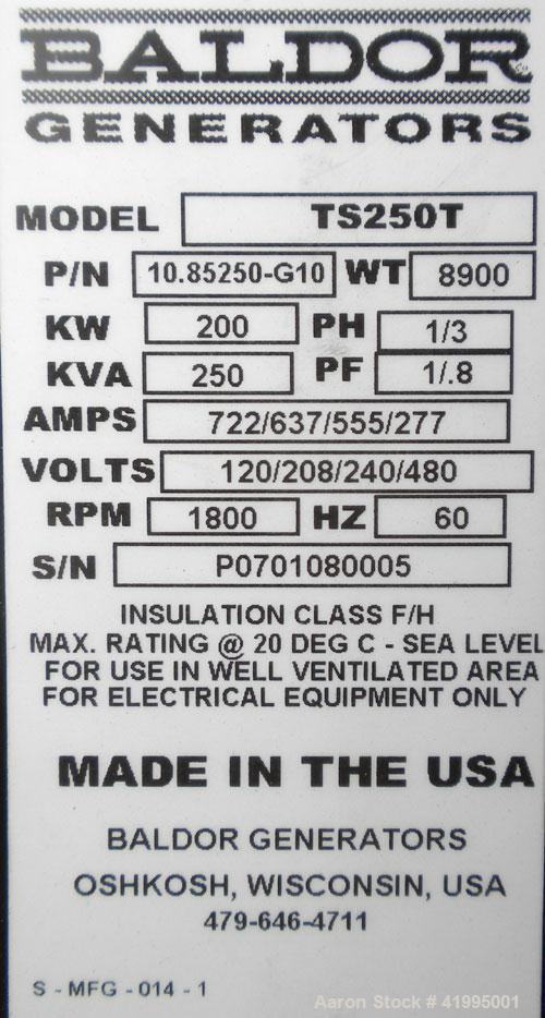 Used Baldor Model TS250T Mobile 200kW Standby Rated/182kW Continuous Rated Diesel Generator Set. John Deere diesel engine model 6068HF475 rated 314 hp @ 1800 rpm, 6 cylinder turbocharged air cooled, ...