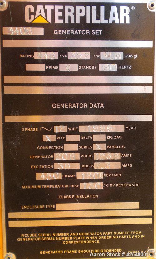 Used- Cat 357 kW Diesel Generator Set. Caterpillar model 3406 DITA engine rated 587 hp @ 1800 rpm, serial #4ZR01326. 3/60/27...