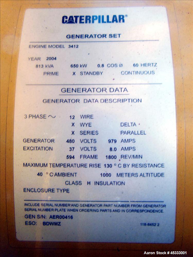 Used Caterpillar 650 kW standby diesel generator set. CAT 3412 engine rated 968 HP at 1800 RPM, SN-1EZ06825.  3/60/277/480V, 12 lead reconnectable to other voltages. 1000 Amp mainline circuit breaker...