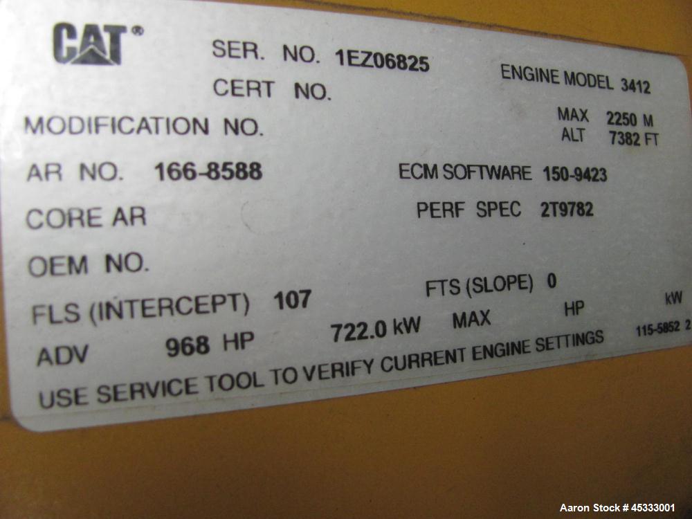 Used Caterpillar 650 kW standby diesel generator set. CAT 3412 engine rated 968 HP at 1800 RPM, SN-1EZ06825.  3/60/277/480V, 12 lead reconnectable to other voltages. 1000 Amp mainline circuit breaker...