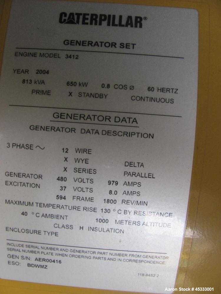 Used Caterpillar 650 kW standby diesel generator set. CAT 3412 engine rated 968 HP at 1800 RPM, SN-1EZ06825.  3/60/277/480V, 12 lead reconnectable to other voltages. 1000 Amp mainline circuit breaker...