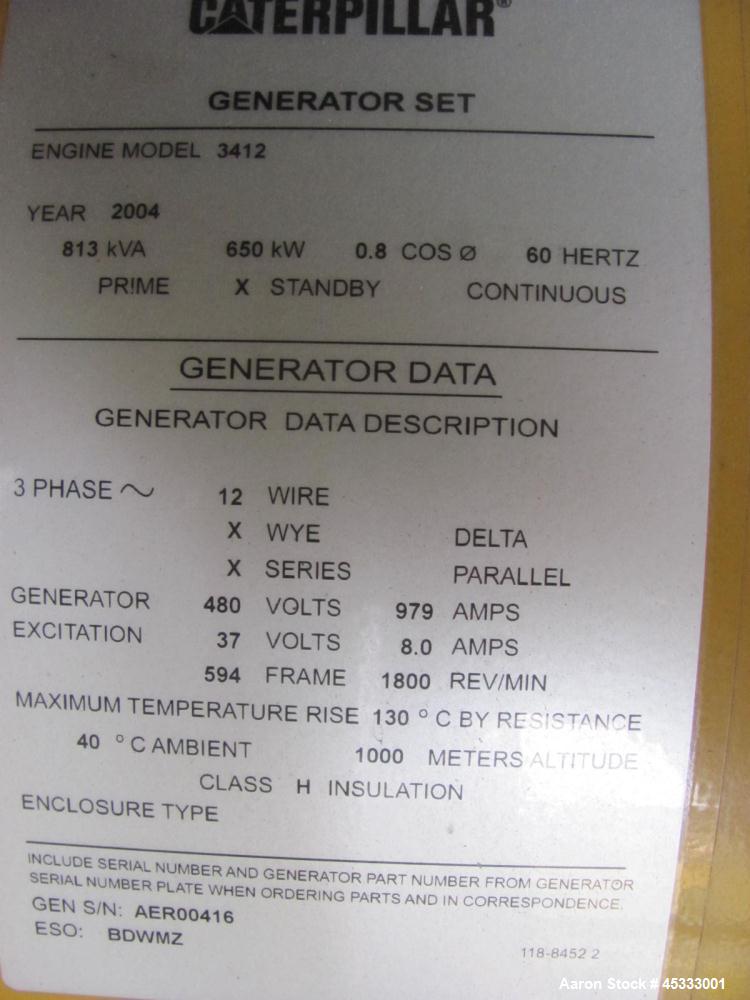 Used Caterpillar 650 kW standby diesel generator set. CAT 3412 engine rated 968 HP at 1800 RPM, SN-1EZ06825.  3/60/277/480V, 12 lead reconnectable to other voltages. 1000 Amp mainline circuit breaker...